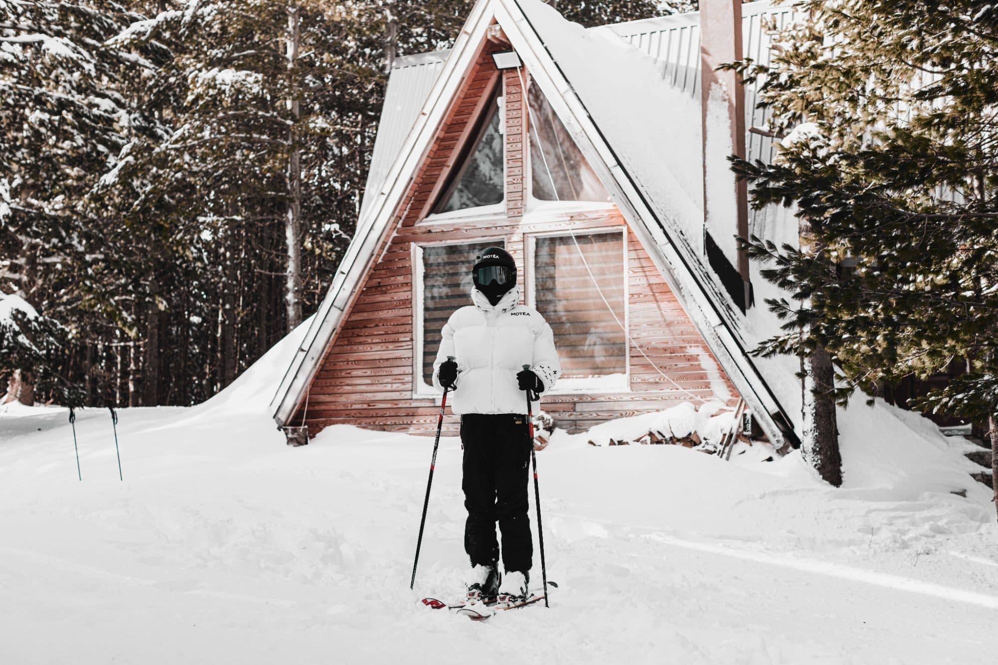 A-frame cabin in the snow